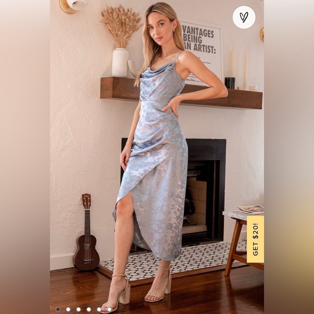 Lulus Simply Stunning Slate Blue Satin Floral Jacquard Midi Dress